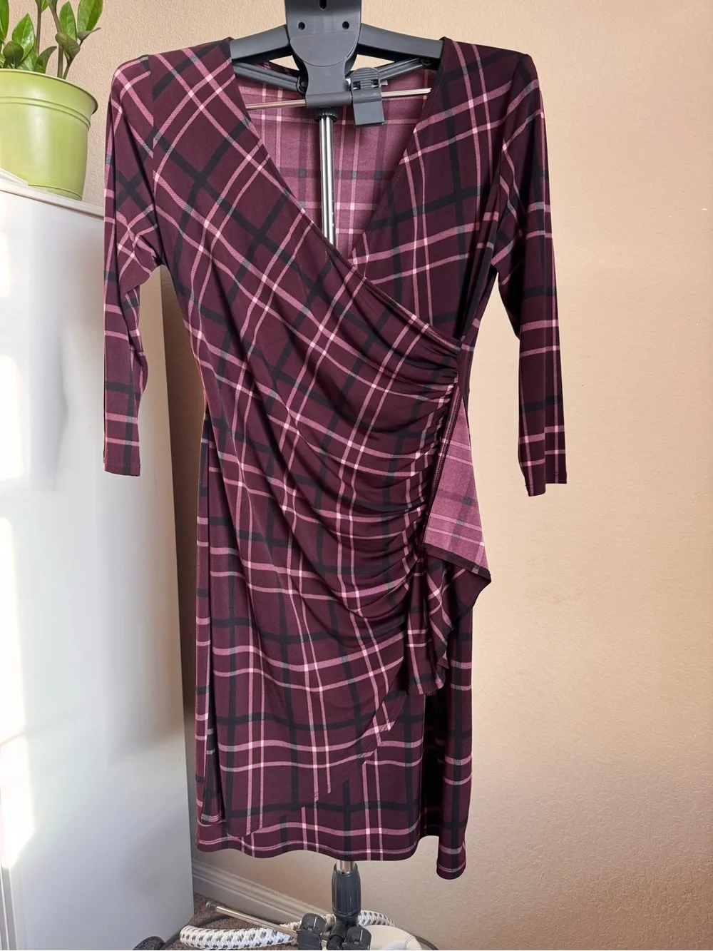 New York & Company Wine and Pink Plaid Ruched Wrap Dress - Picture 1 of 2